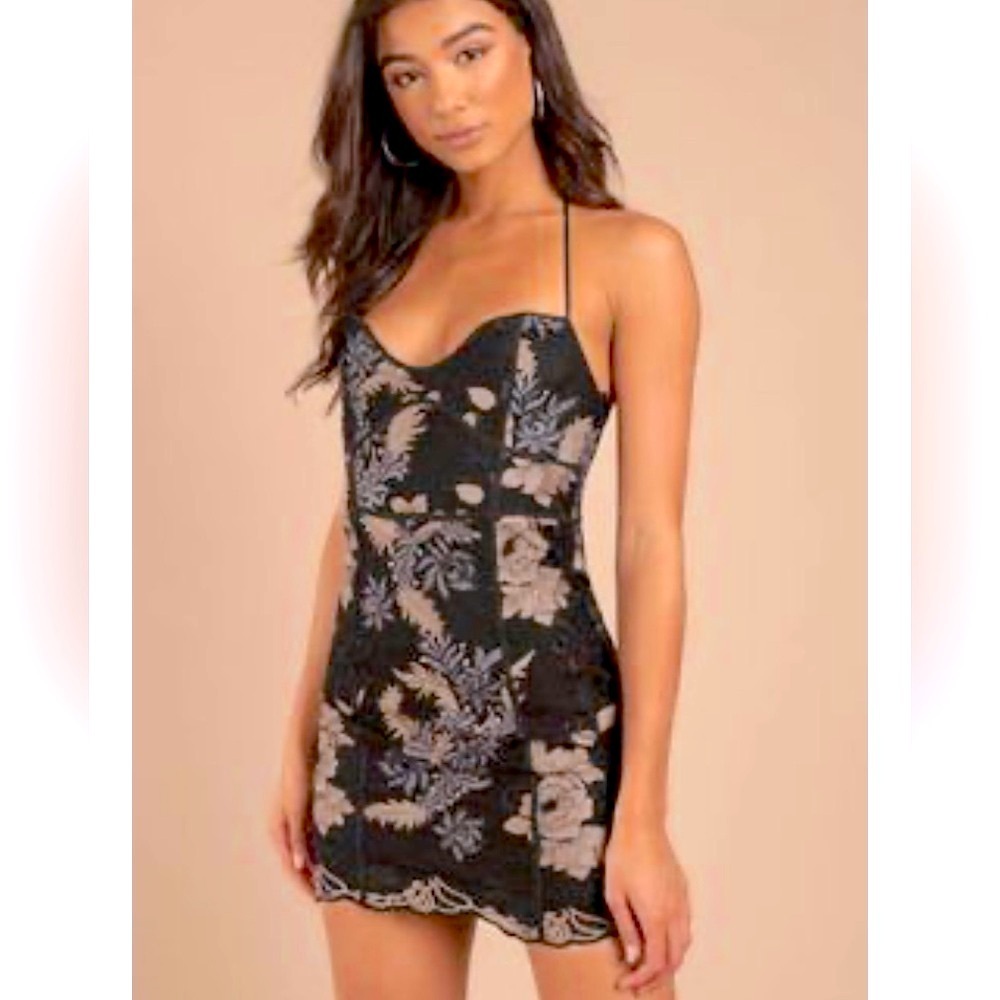 Tobi black mini floral embroidered black dress​